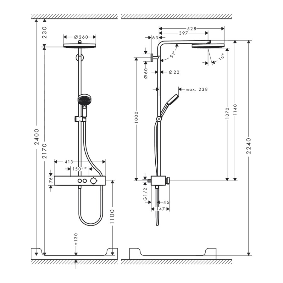 Hansgrohe Pulsify S Showerpipe Душевая система 260 1jet с термостатом ShowerTablet Select 400 хром 24220000