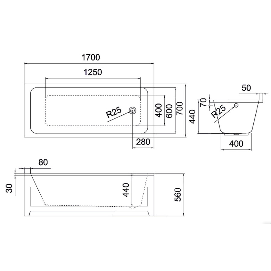 Ванна акриловая Azario Claris AZ1004 170х70 пристенная, прямоугольная, в комплекте с сифоном (AZ-1004)