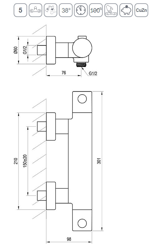 Ravak Puri PU 033.20/150 Термостат для душа черный матовый X070188