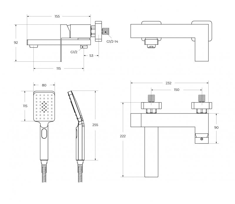 Смеситель для ванны и душа в комплекте с ручным душем, шлангом и держателем CEZARES SLIDER-VD-NOP
