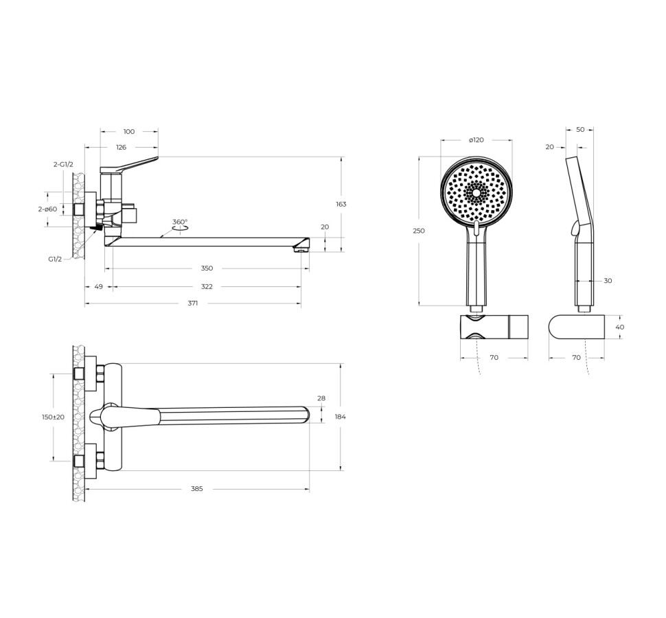 Смеситель BelBagno для ванны и душа UNIQUE-VASM-L-CRM