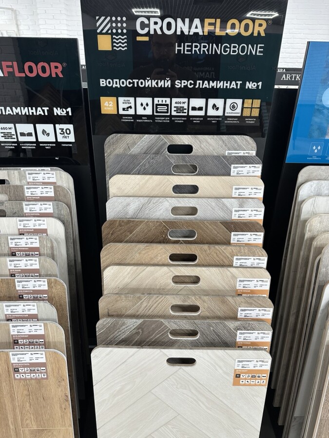 Водостойкий SPC ламинат CronaFloor Herringbone 2.0 4V Дуб Кан H011 640х128х4.5