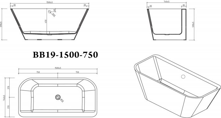 BelBagno BB19-1500-750 150*74 ванна акриловая прямоугольная