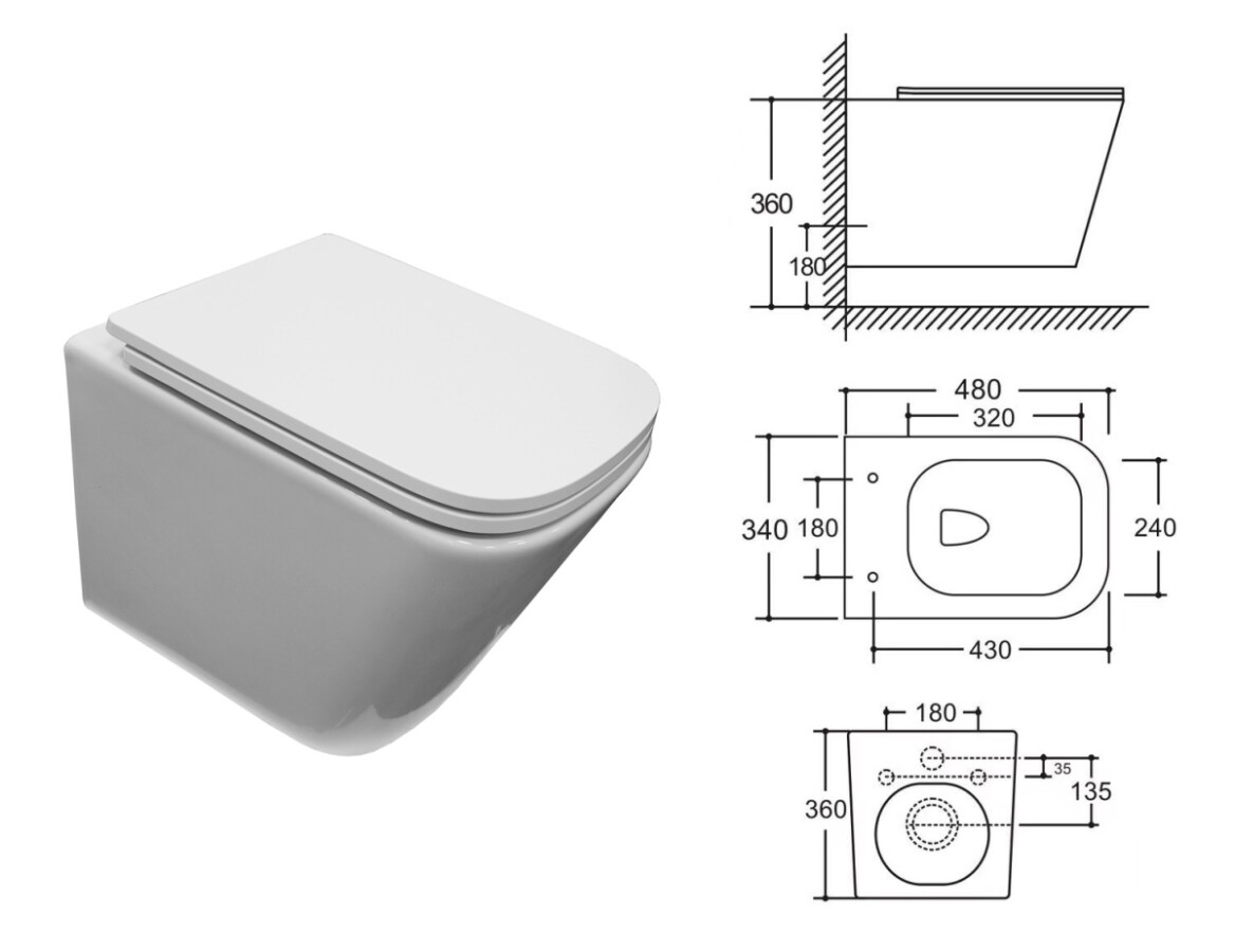 Унитаз подвесной Azario Armonia с системой смыва Tornado, безободковый с сиденьем микролифт 490*340*360 AZ-2403