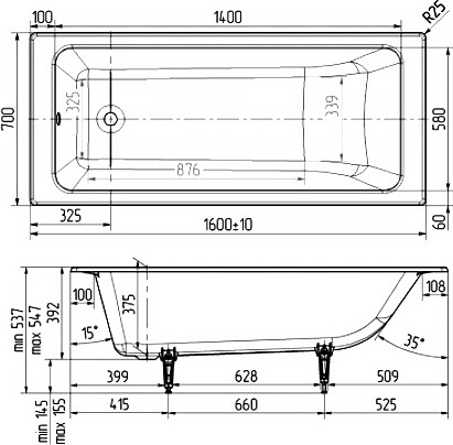 Wotte Line 160*70 ванна чугунная прямоугольная БП-э00д1466
