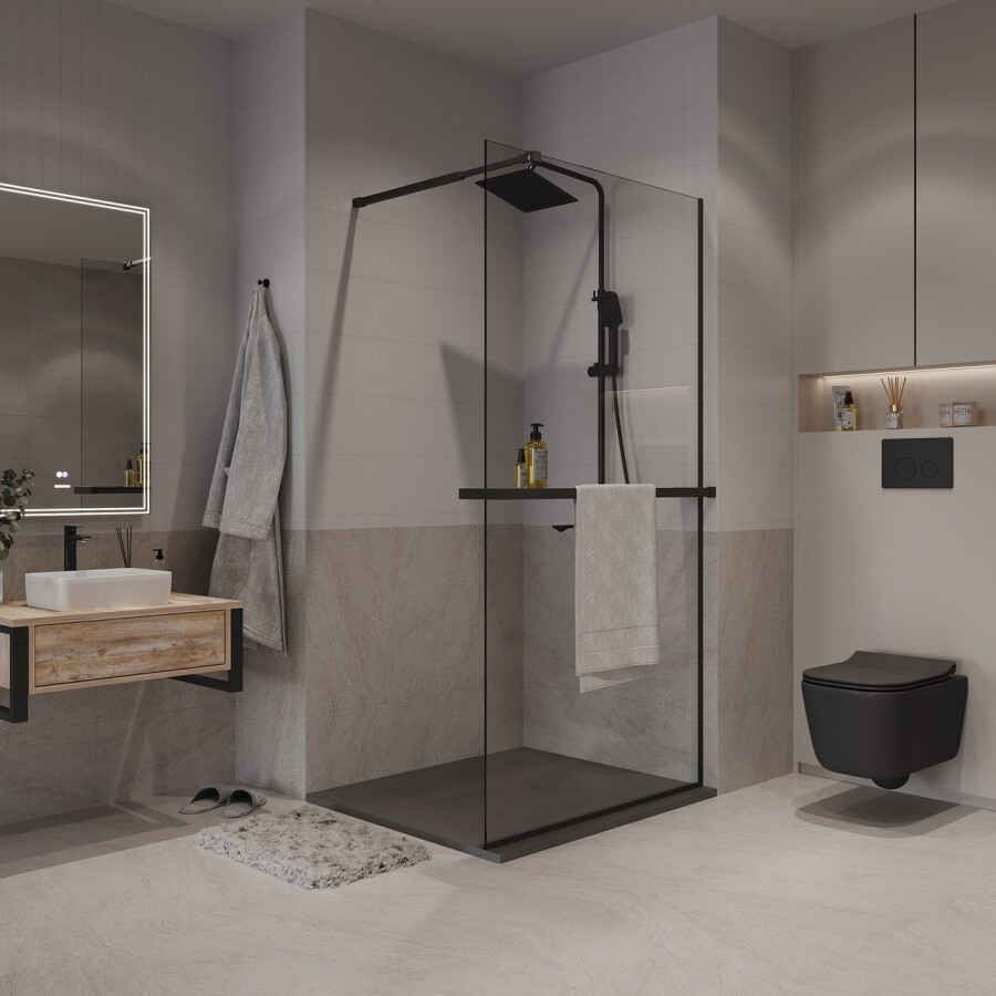 Душевая перегородка Niagara Nova NG-670-10ВLACK (100х195) черный матовый,стекло прозрачное,с полкой,1 место