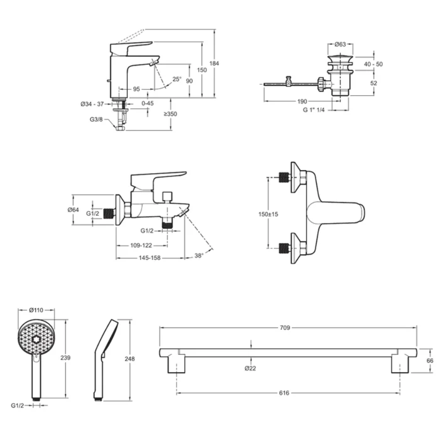 Jacob Delafon Oscar E29845RU-BL набор смесителей