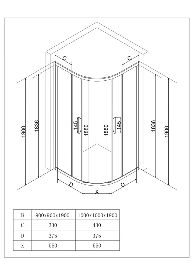 EG4B Душевое ограждение полукруг EvaGold 90х90, профиль черный матовый, прозрачное стекло EG220034