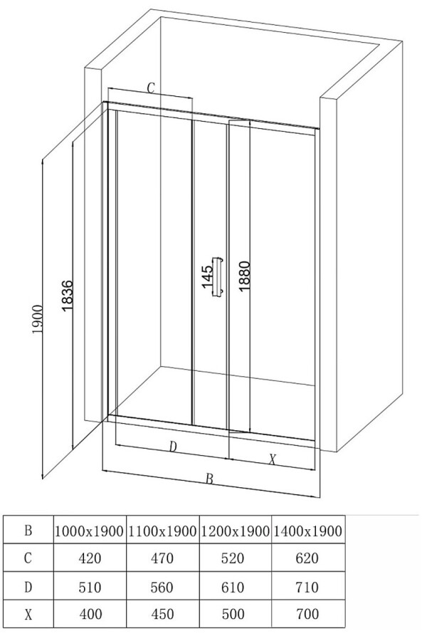 EG1CF Душевое ограждение в проем EvaGold 140х190, профиль хром, рифленое стекло EG220052