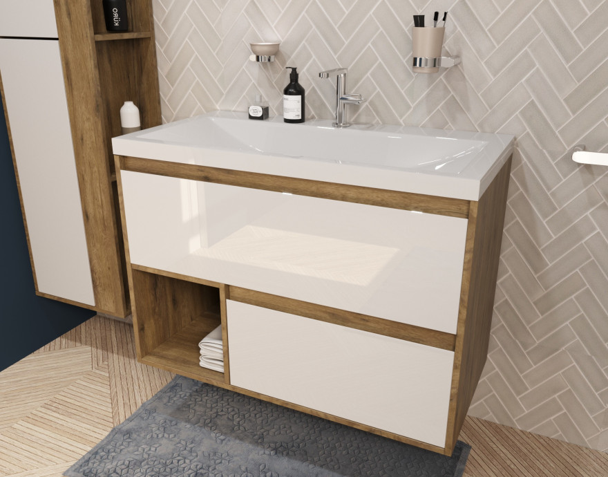 Эстет Monaco Wood 90 тумба с раковиной подвесная, 2 ящика ФР-00010673