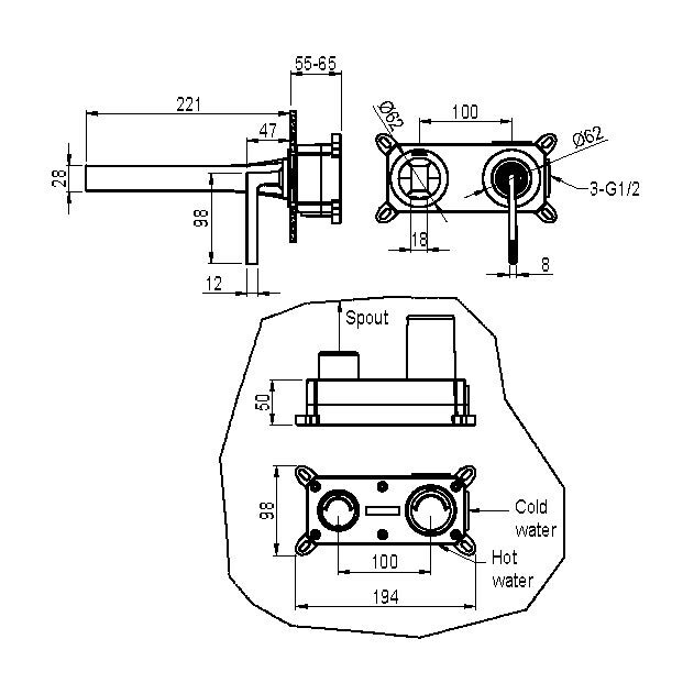 Смеситель для раковины из стены 2х-позиционный Boheme Duo Black 165-B