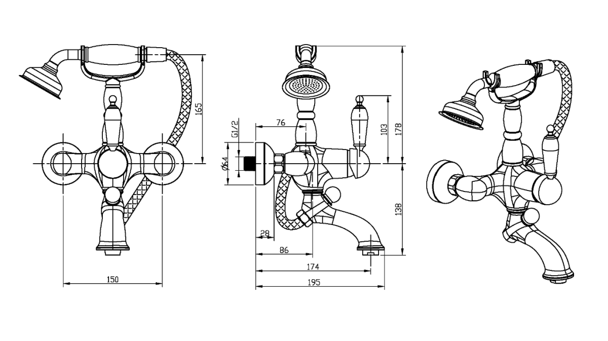 Смеситель для ванны с душевым комплектом Boheme Imperiale Ripresa Золото с кристаллом Swarovski 323