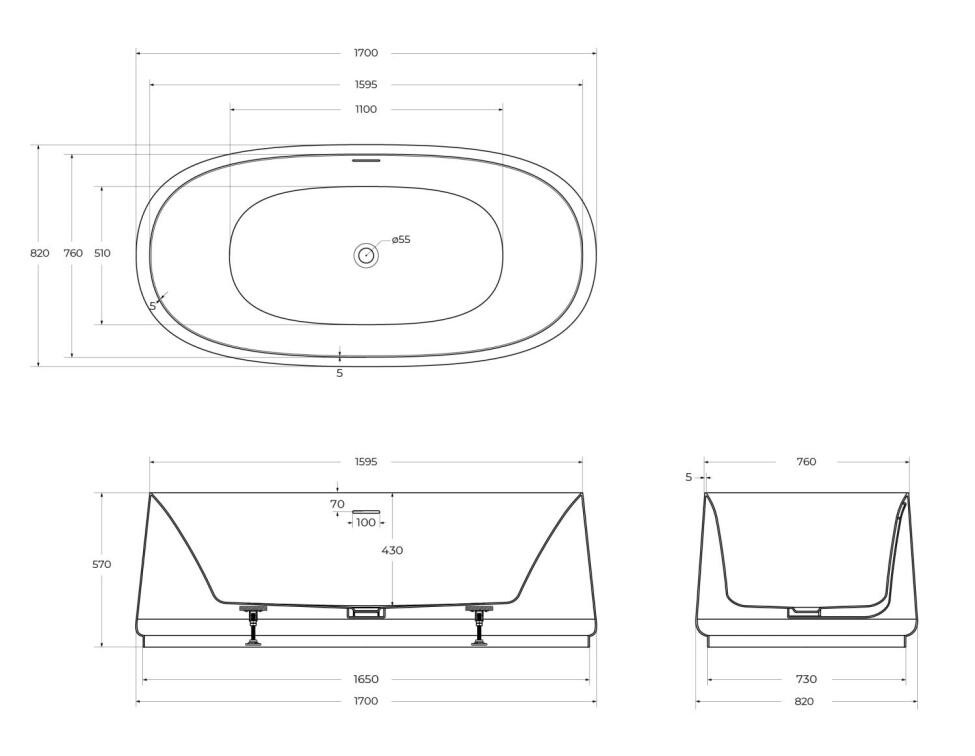 Ванна акриловая 170х82 Cezares CZR-LUX-CENTRAL-170-82-58-MATT
