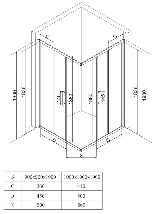 EG3BT Душевое ограждение квадрат EvaGold 100х100, профиль черный матовый, тонированное стекло EG220070