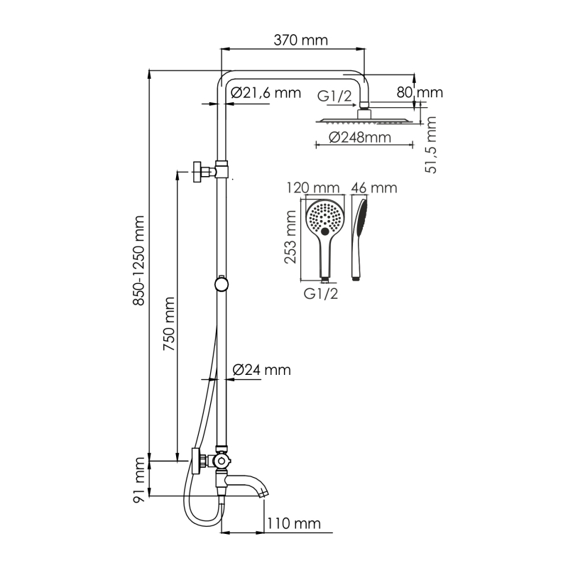 WasserKraft Mindel 8500 душевая система со смесителем A188.257.155.WM Thermo