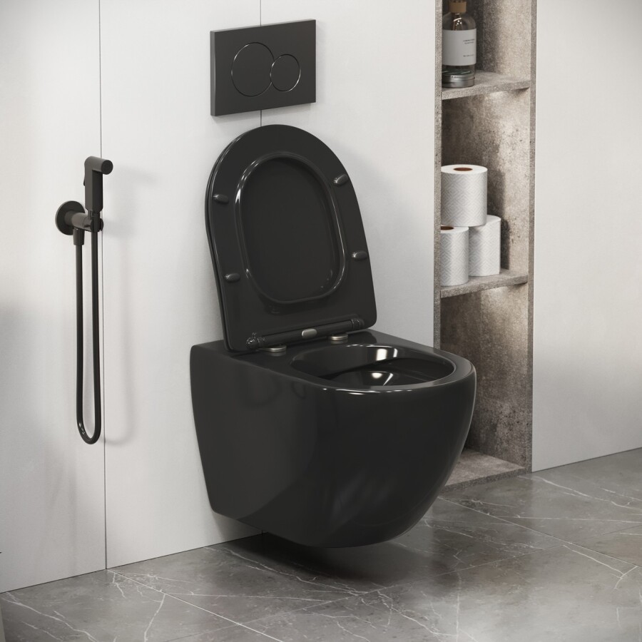Унитаз подвесной Grossman Color GR-4411BS (560х360х350) безободковый,черный с тонкой крышкой,микролифт,1 место GR-4411blackS