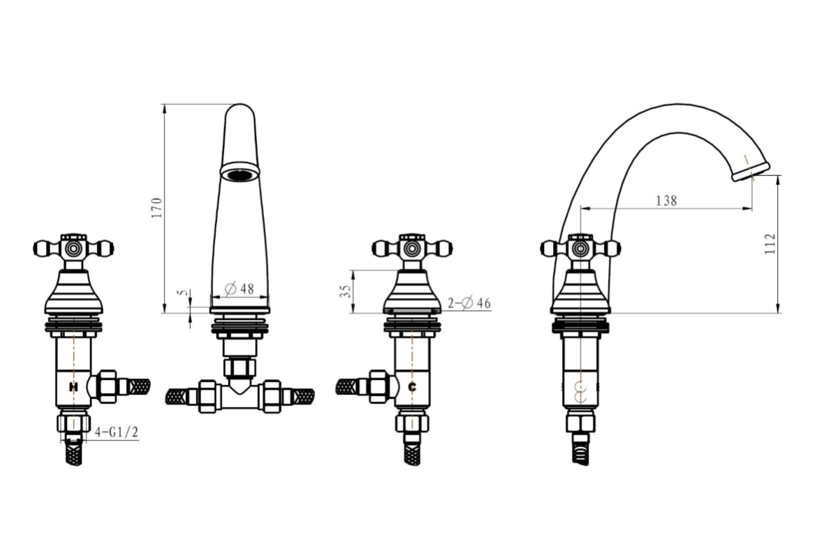Смеситель для раковины на 3отв. Boheme Camelia Золото 317-Camelia