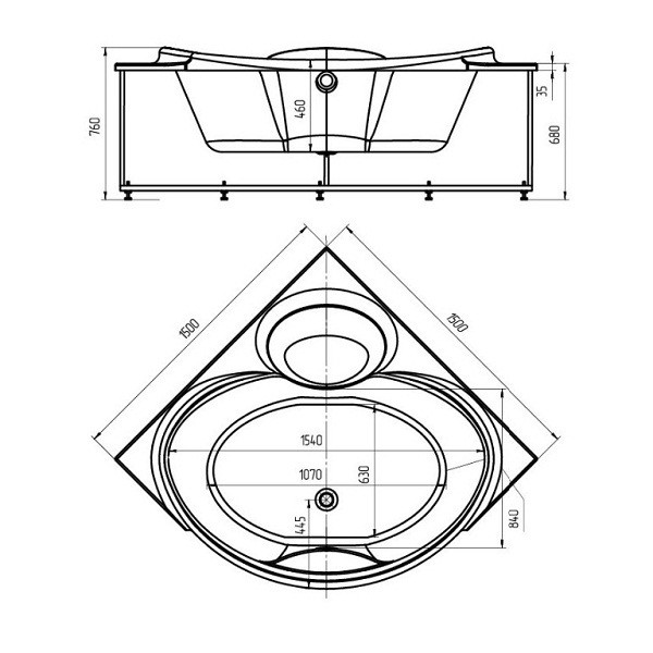 Акватек Эпсилон ванна гидромассажная угловая стандартные форсунки 150x150 см