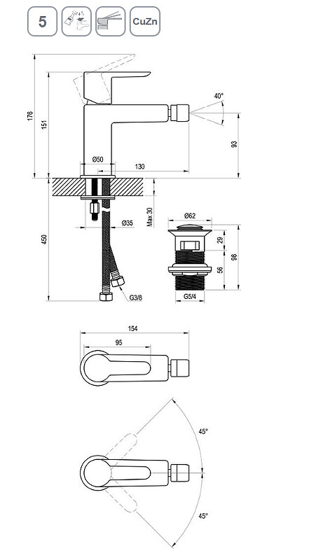 Ravak Puri PU 055.20 Смеситель для биде черный матовый X070189
