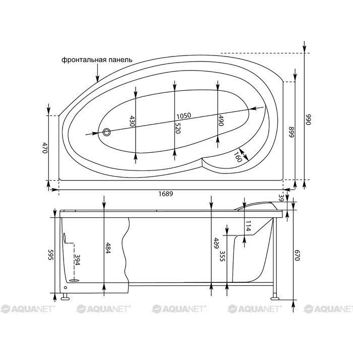 Aquanet Jersey 170*90 ванна акриловая правая с каркасом 00205329
