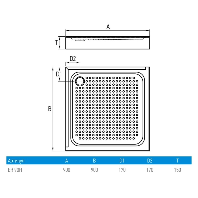Erlit 90 ABS 90*90*15 душевой поддон акриловый