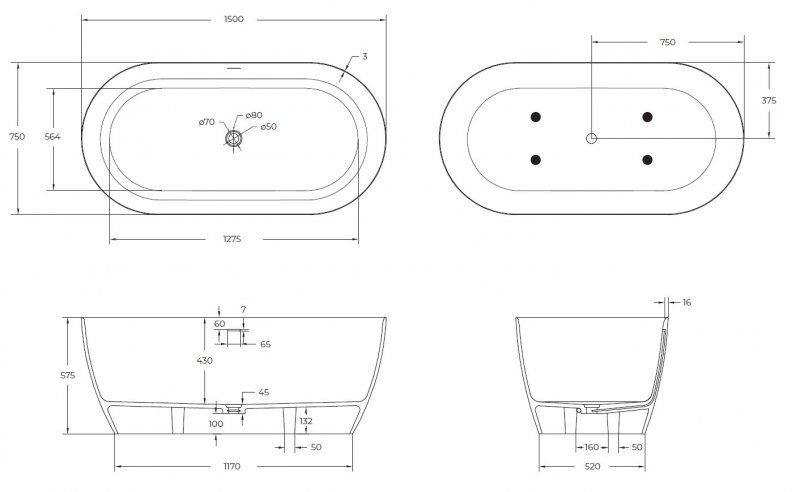Cezares Relax ванна из искусственного камня 150х75 см CZR-RELAX-150-75-57-SSB