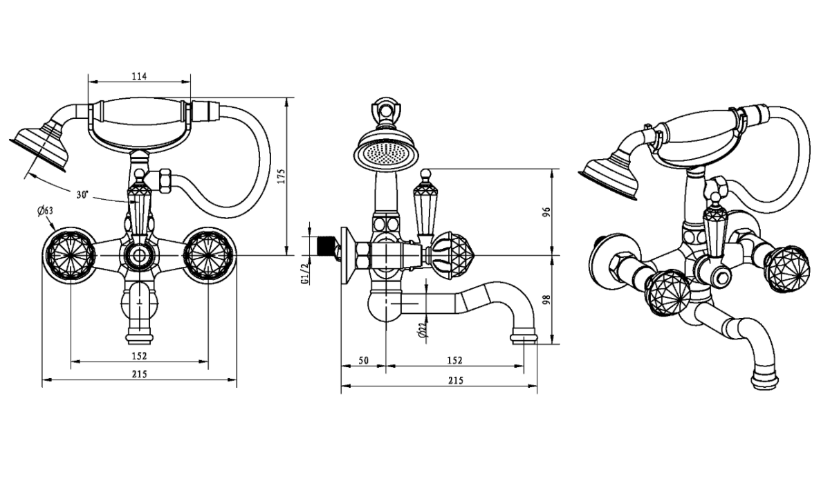 Смеситель для ванны с душевым комплектом Boheme Imperiale Presente Золото с кристаллом Swarovski 333