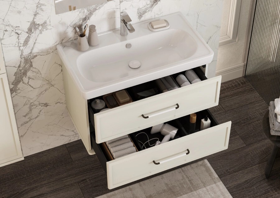 Тумба под раковину AQUATON Нео-Классика 85 2 ящика, белый камень 1A286301NCTG0