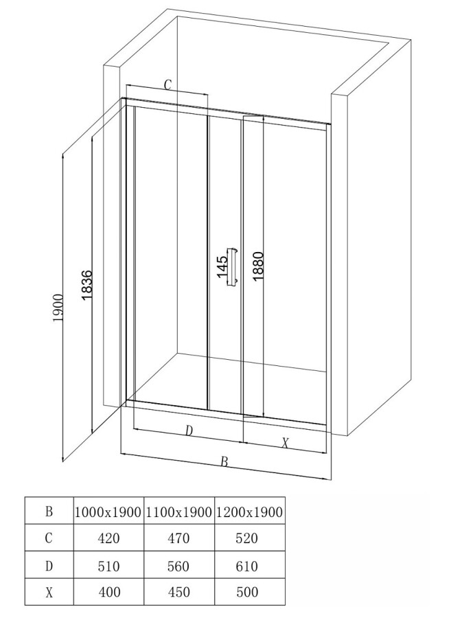 EG1B Душевое ограждение в проем EvaGold 110х190, профиль черный матовый, прозрачное стекло EG220021