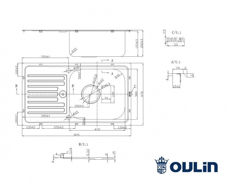 Oulin OL-Y101 кухонная мойка satin система POP-UP 82x47 см