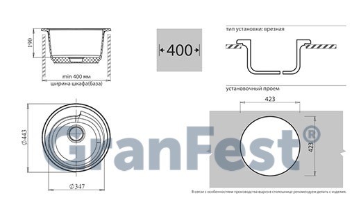 GranFest Rondo GF-R450 кухонная мойка серый 44.3х44.3 см