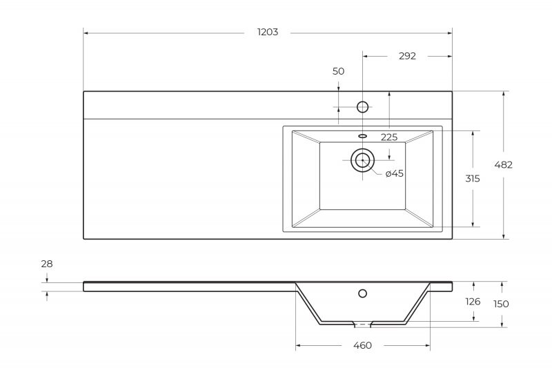 Раковина из литьевого мрамора, правосторонняя BB1200/480-LV-MR-R