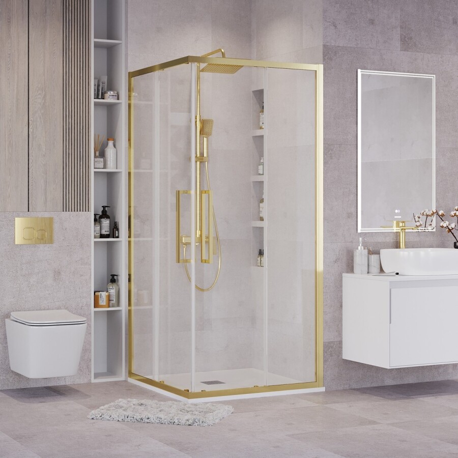 Душевое ограждение Grossman Cosmo 300.K33.02.8080.32.00 (80х80х195) квадрат,раздвижная,золото сатин,стекло прозрачное, 1 место