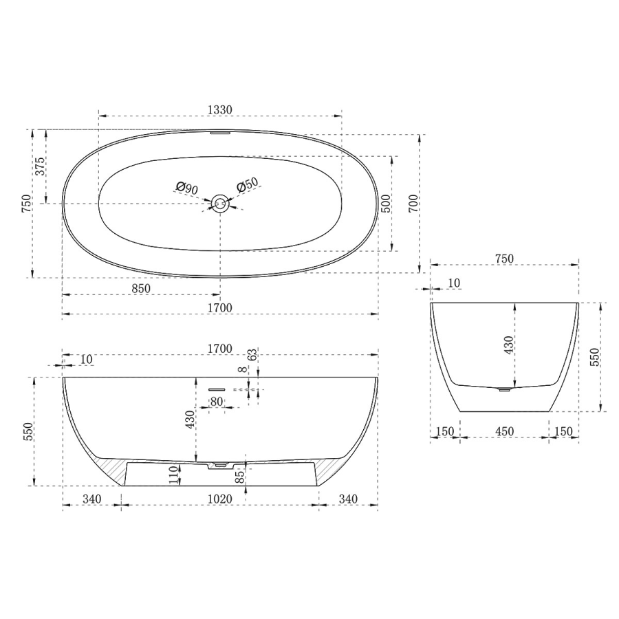 Vincea Solid Surface ванна 170х75 см серая/белая матовая VBT-6S01MG