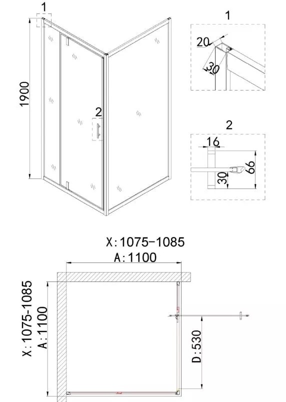 Боковая стенка Niagara Nova NG-A110G (110х190) золото,стекло прозрачное,1 место