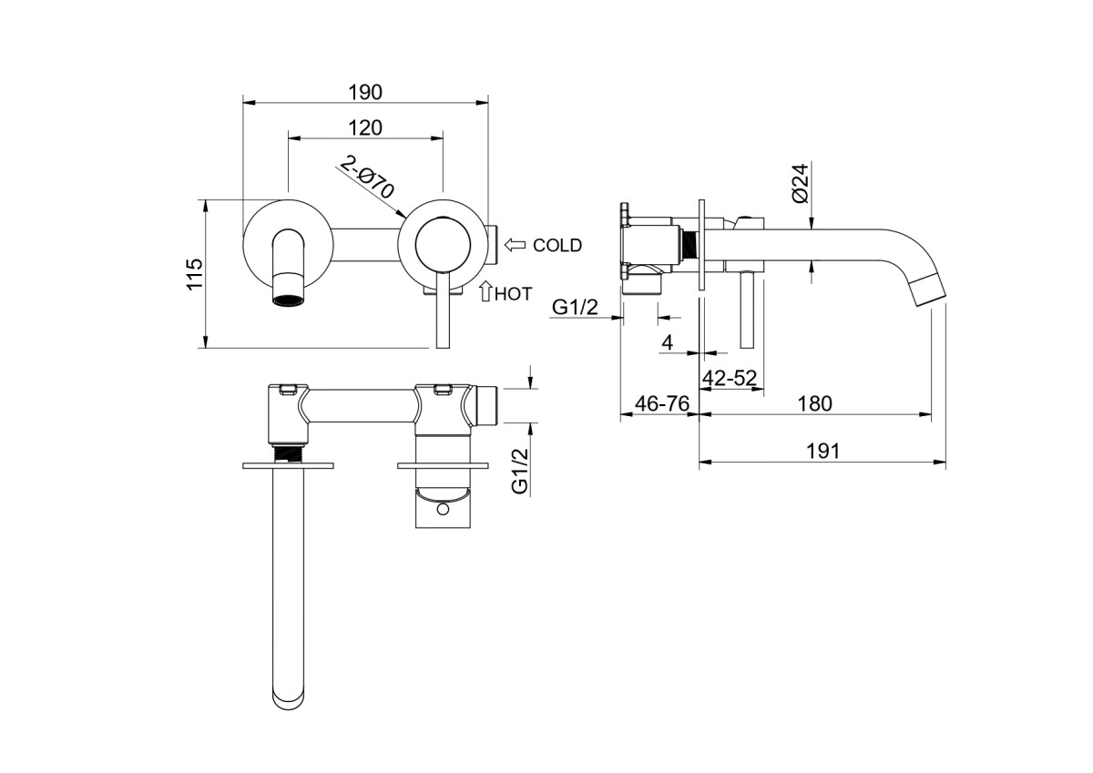 Aquatek Европа AQ1313BGM Смеситель для раковины настенный (внешняя и скрытая часть) Оружейная сталь