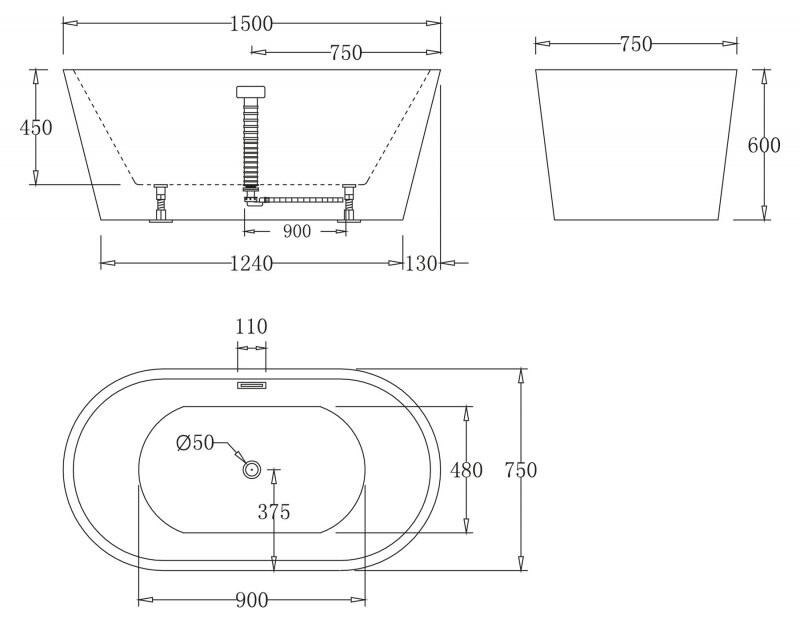 BelBagno BB71-1500 150*75 ванна акриловая овальная