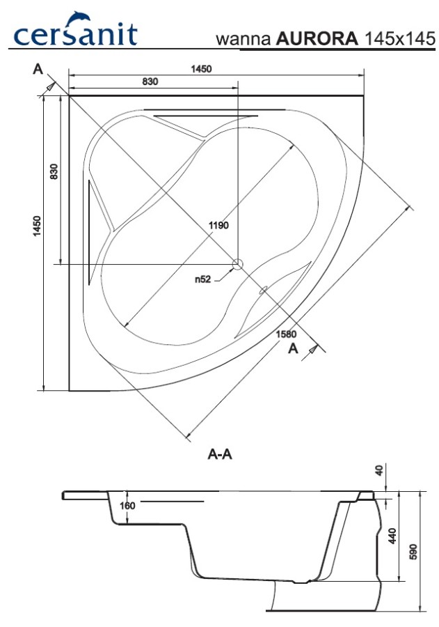 Ванна акриловая Cersanit Aurora 145x145 см угловая