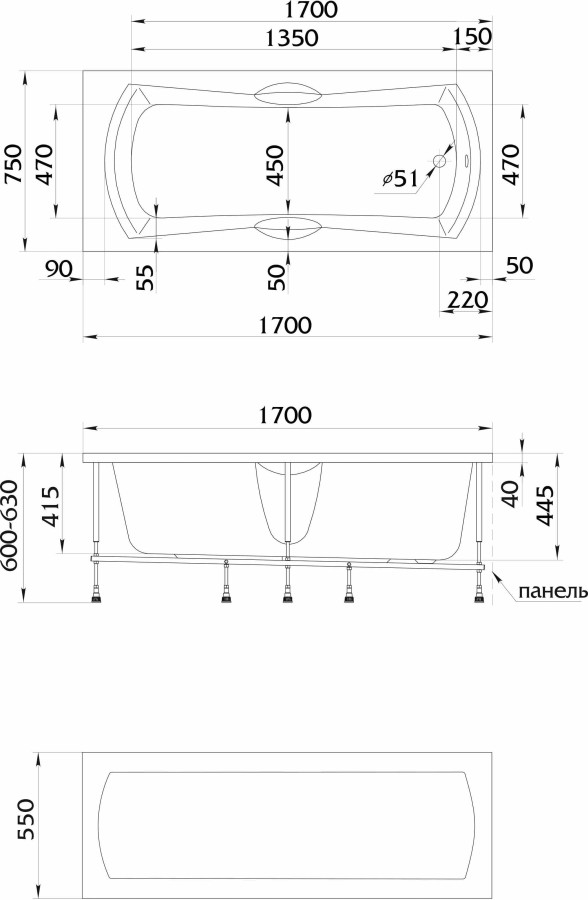 1 Marka Agora 170*75 ванна акриловая прямоугольная 01аго1775