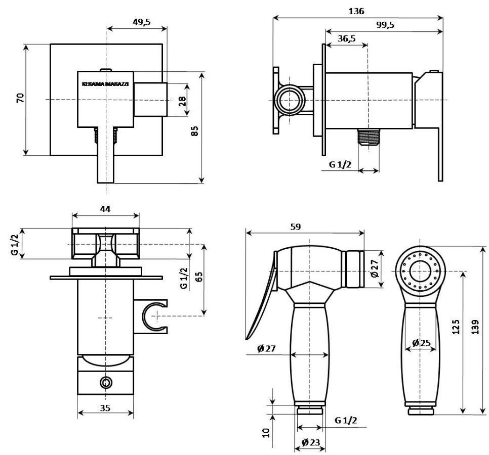 Kerama Marazzi Fioretto смеситель с гигиеническим душем V253CR442RUKM