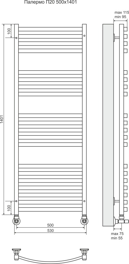 Terminus Палермо П20 полотенцесушитель водяной 500*1401