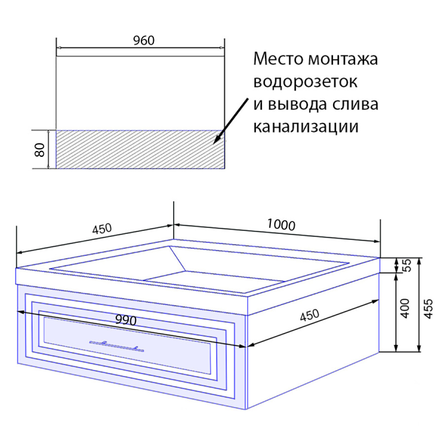 Комплект Тумба Azario LAURA 100 1000х450х455 подвесная, с раковиной CLASSIK 100, серый матовый, фурнитура черная CS00104005