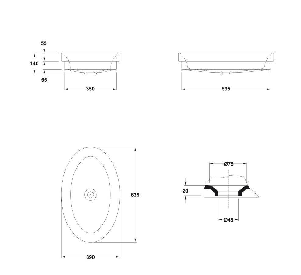 Gala Ovalo 04320 раковина встраиваемая 63.5x39 см