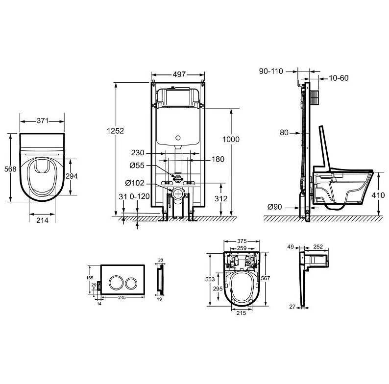 Jacob Delafon Siene инсталляция с умным безободковым унитазом, кнопкой смыва и сиденьем E34360-00