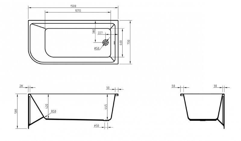 BelBagno BB712-1500-730-R Акриловая ванна пристенная, прямоугольная правосторонняя
