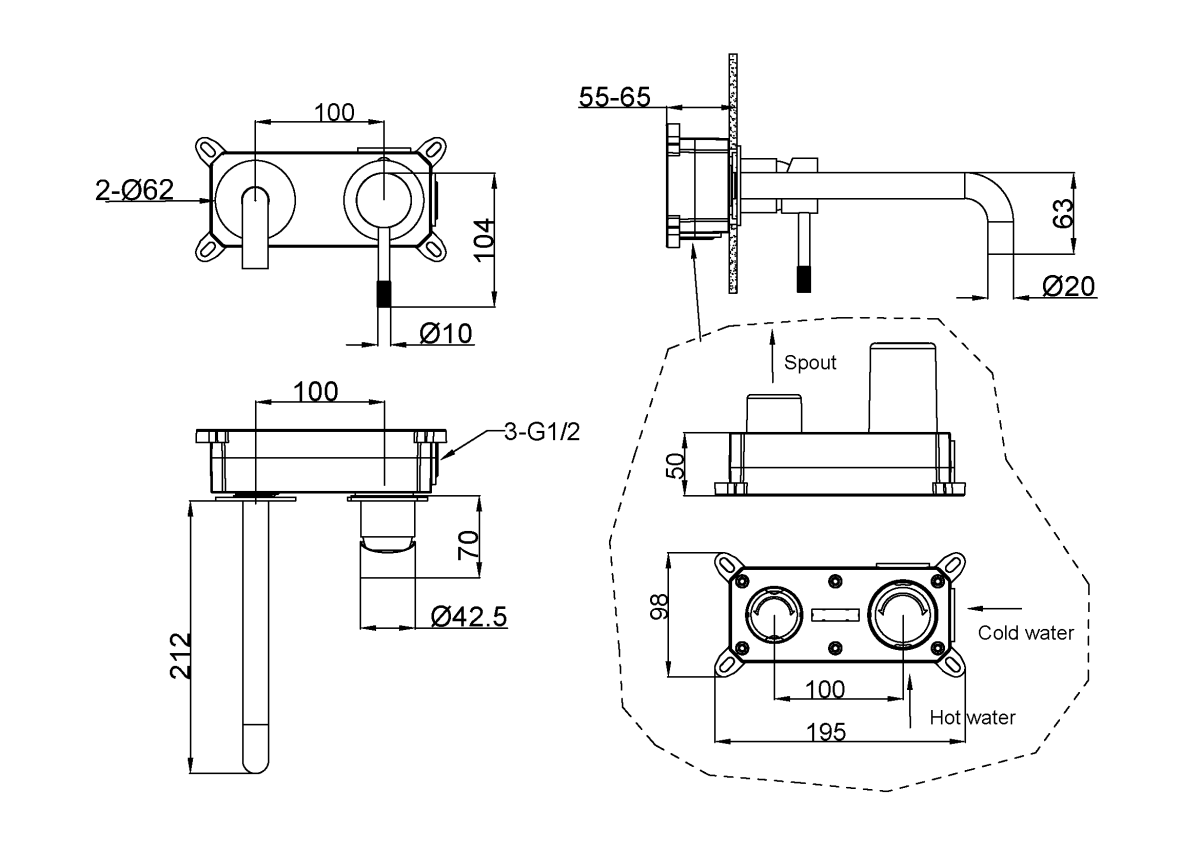 Смеситель для раковины из стены Boheme Uno Copper Brushed 465-CB