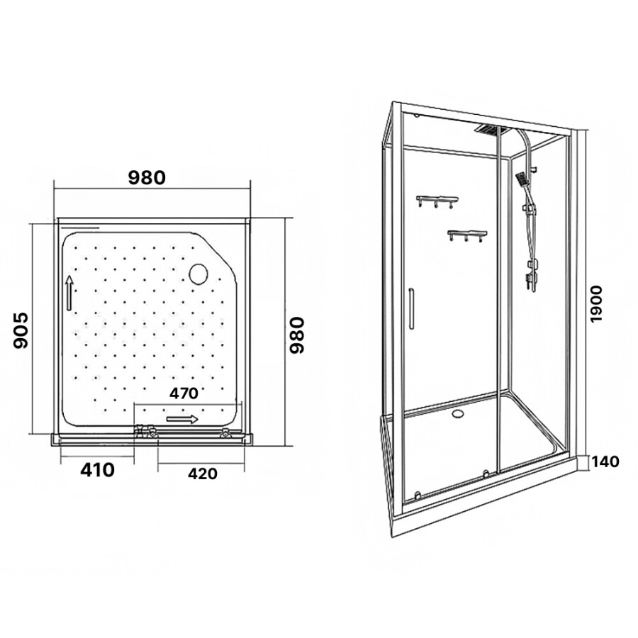 Душевая кабина Loranto 980x980x2040 без крыши, правосторонняя, белое заднее стекло, поддон 14 см, прозрачное стекло 4 мм, профиль черный CS-3010TM/W-100R