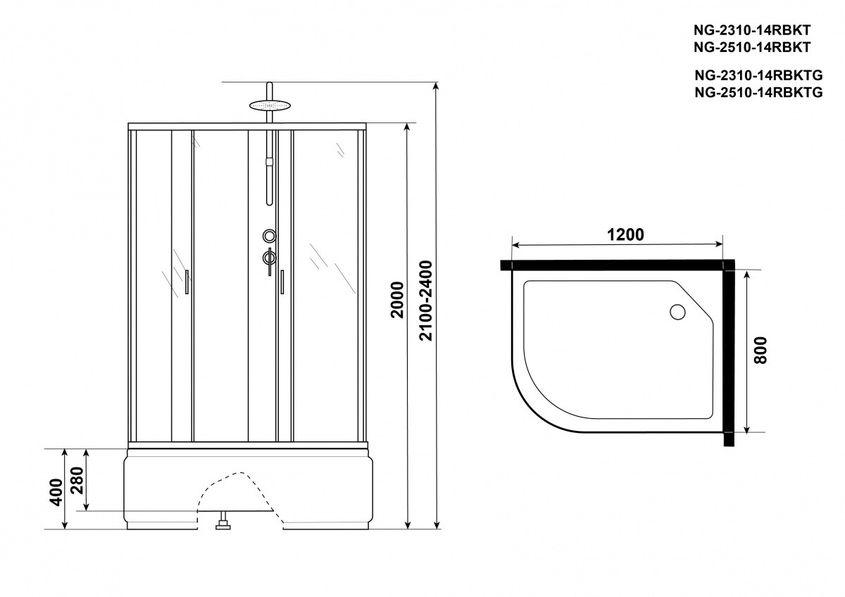 Niagara NG 2510-14RBKT Душевая кабина 120x80 Без крыши правосторонняя + Тропический душ 25101434RBKT