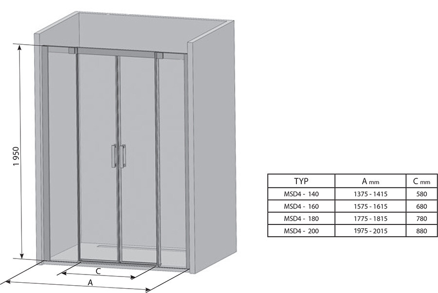 Ravak Matrix Душевая дверь раздвижная MSD4 180 см белый+транспарент 0WKY0100Z1
