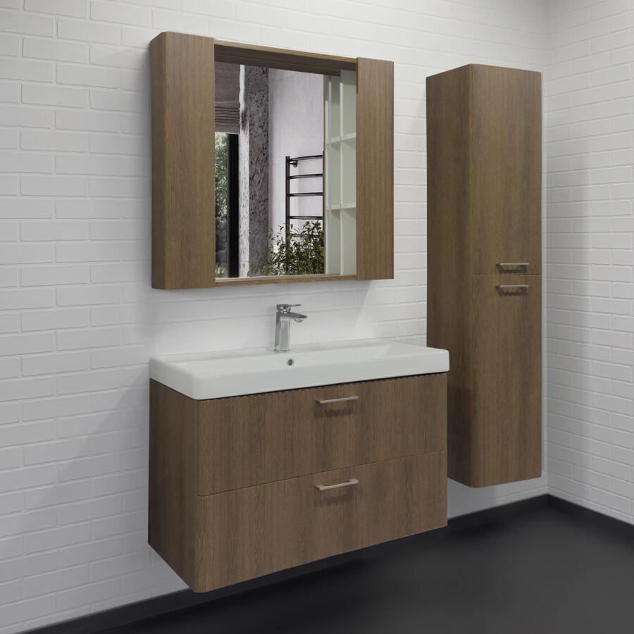 Зеркало-шкаф Comforty Ангара-90 дуб темно-коричневый, со светодиодной подсветкой и антизапотеванием 00-00019939